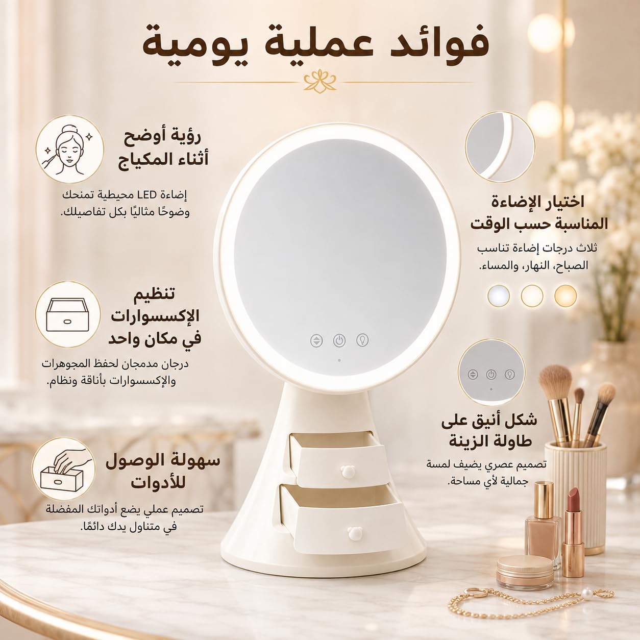 Makeup Mirror with Lights and Organizer, LED Vanity Mirror with Touch Control, 3 Light Modes, Adjustable Angle and Cosmetic Storage for Dressing Table, X-611, White - image 3