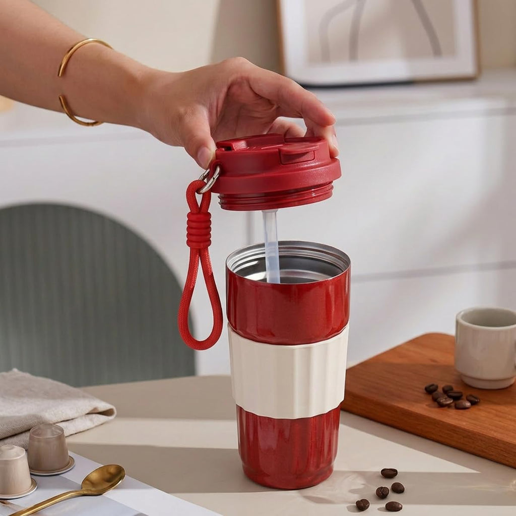 Travel Mug 500ml, Vacuum Insulated Stainless Steel Tumbler with Straw Lid, Carry Handle and Leak-Resistant Cover for Coffee, Tea, Car and Office, F-1537 (Red) - image 7