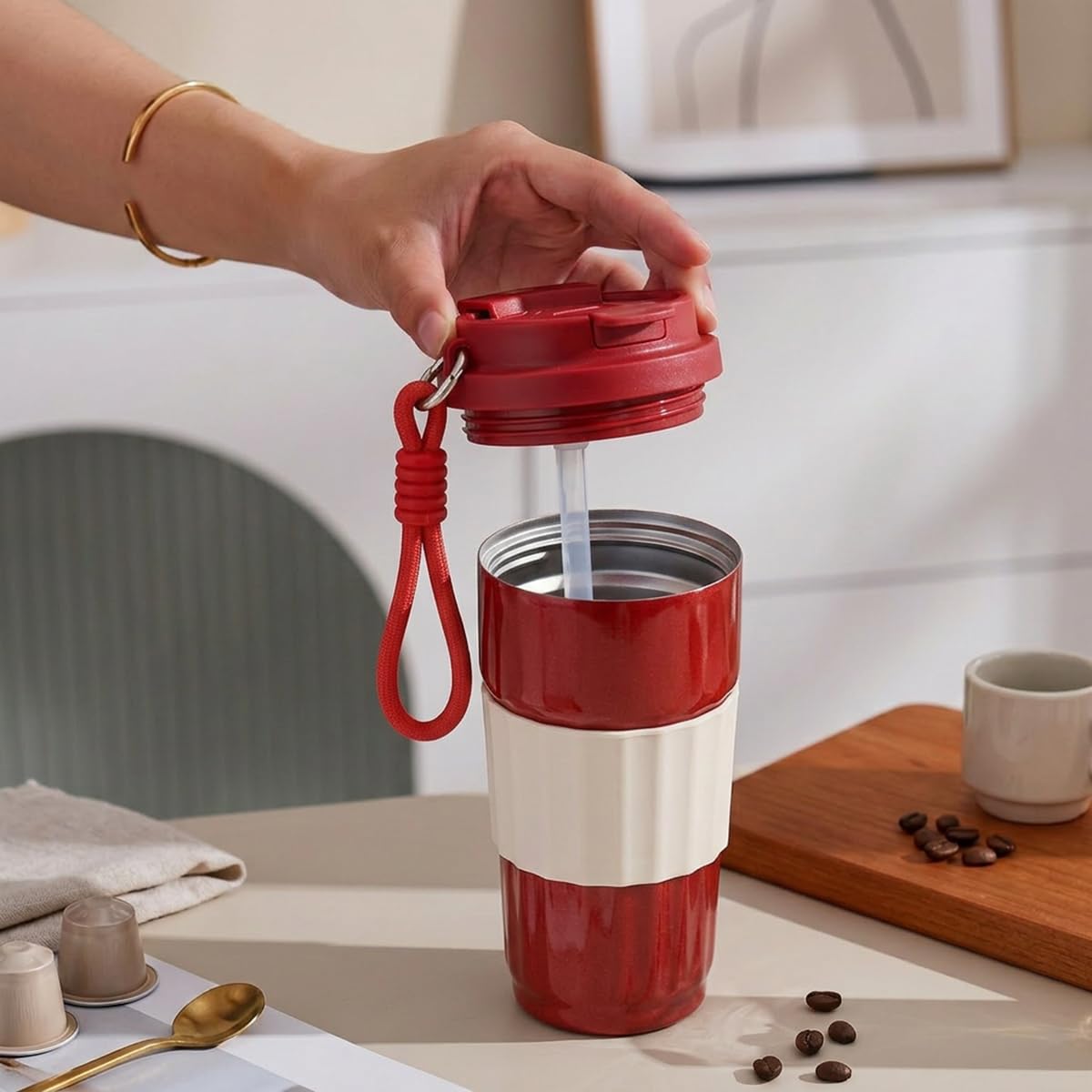 Travel Mug 500ml, Vacuum Insulated Stainless Steel Tumbler with Straw Lid, Carry Handle and Leak-Resistant Cover for Coffee, Tea, Car and Office, F-1537 (Red) - image 7