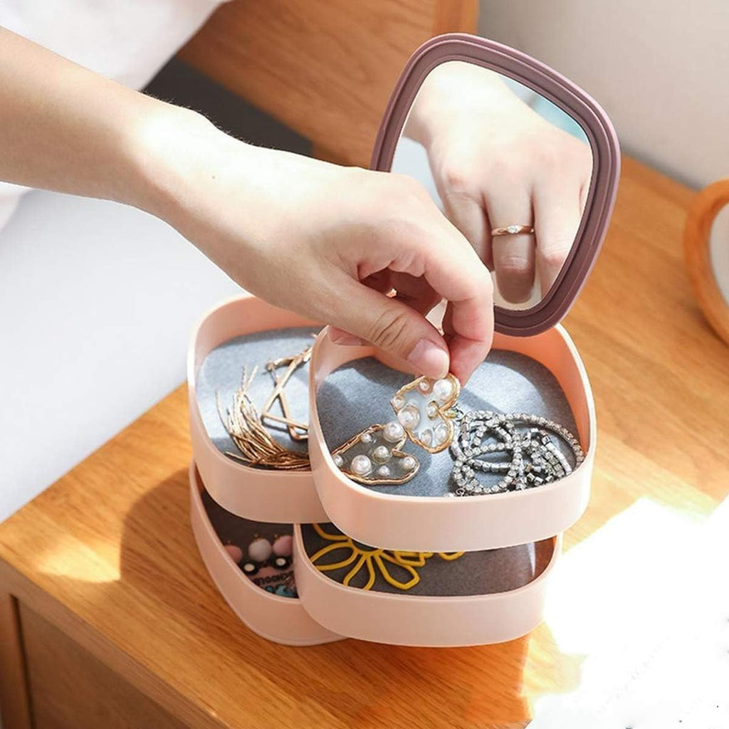 Jewelry Box Organizer, 4-Layer 360° Rotating Storage Case with Mirror and Dustproof Lid for Rings, Earrings, Bracelets and Necklaces, LD-688, Blue - image 2