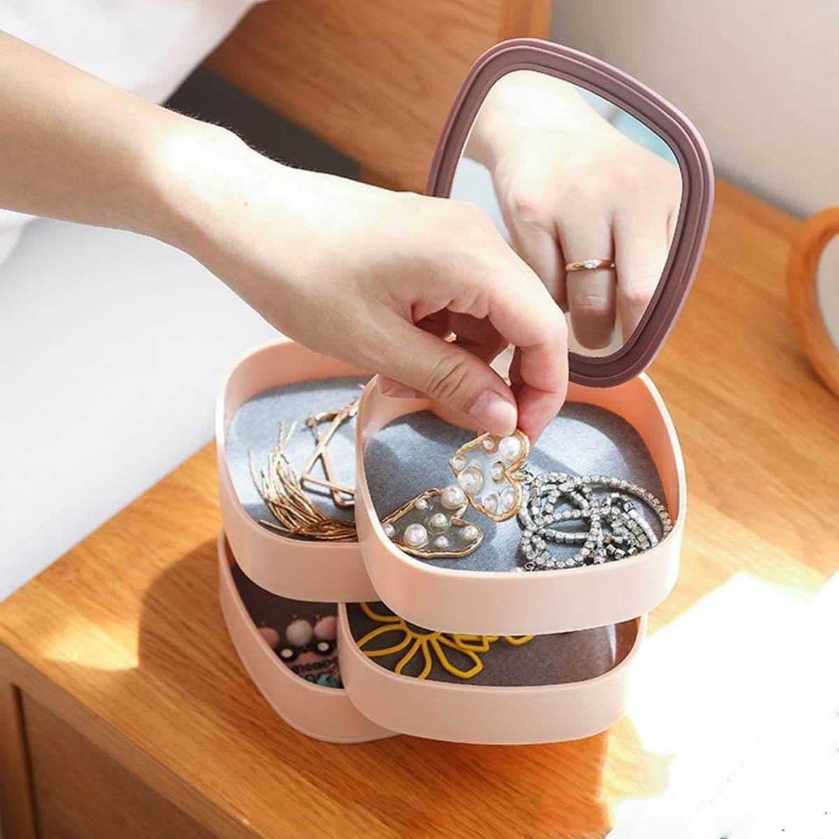 Jewelry Box Organizer, 4-Layer 360° Rotating Storage Case with Mirror and Dustproof Lid for Rings, Earrings, Bracelets and Necklaces, LD-688, Blue - image 2