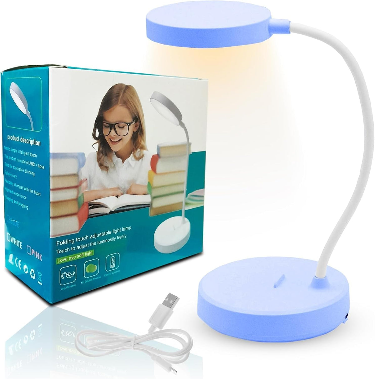 Desk Lamp LED, Foldable Touch Control Study Light with Phone Stand, 3 Brightness Levels and Adjustable Head for Reading, Office, Bedroom and Bedside, EL-332 (Blue) - image 1
