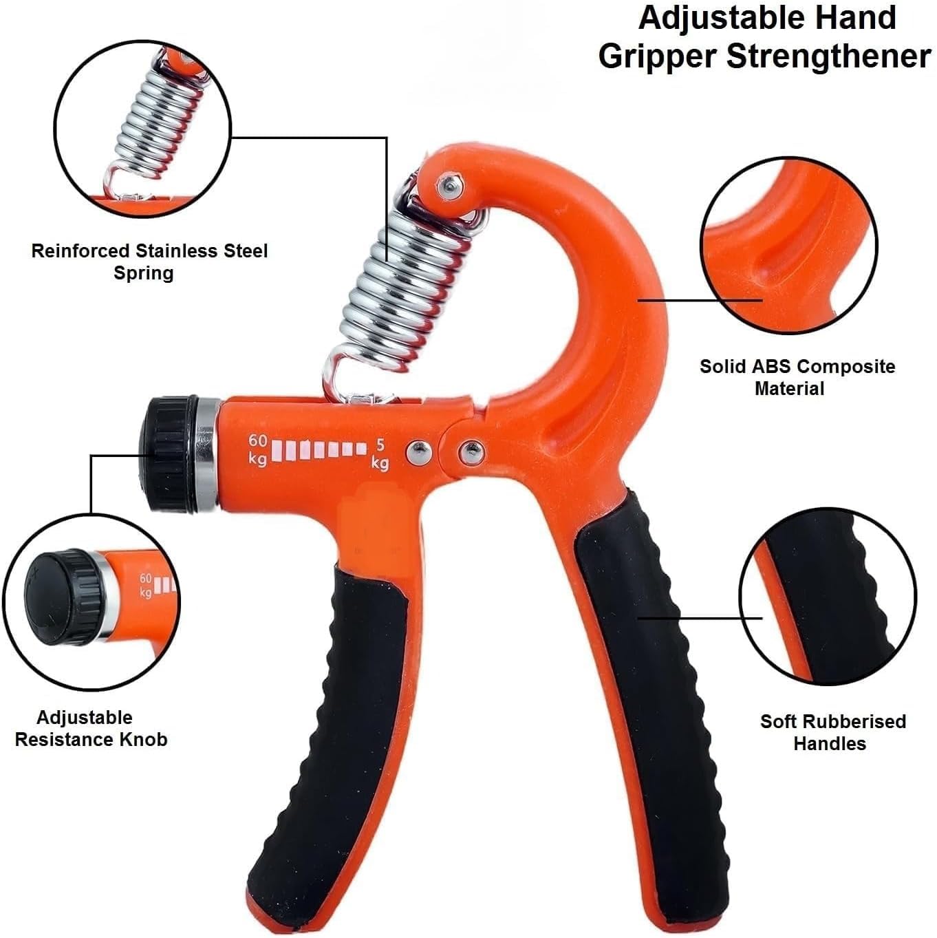 Hand Grip Strengthener Set, 5-Piece Adjustable Resistance Forearm and Finger Exerciser Kit with Hand Gripper, Finger Stretcher, Grip Ring and Squeeze Ball, Orange - image 2