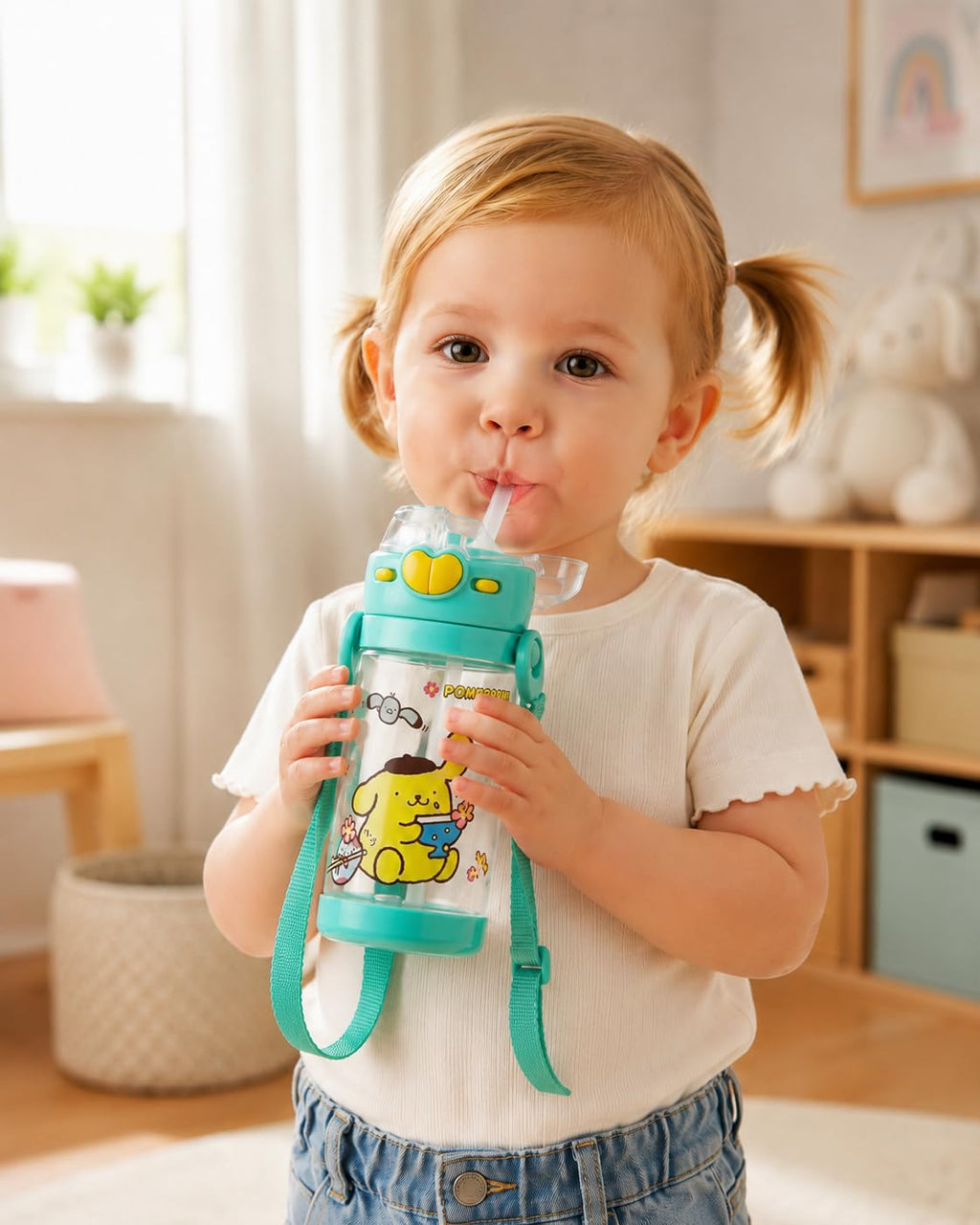 Water Bottle 450 ml with Straw, Leakproof Plastic Drinking Bottle with Flip Lid and Carry Strap, Portable Reusable Cup for School, Work, Travel and Daily Use, F-1343, Green - image 6