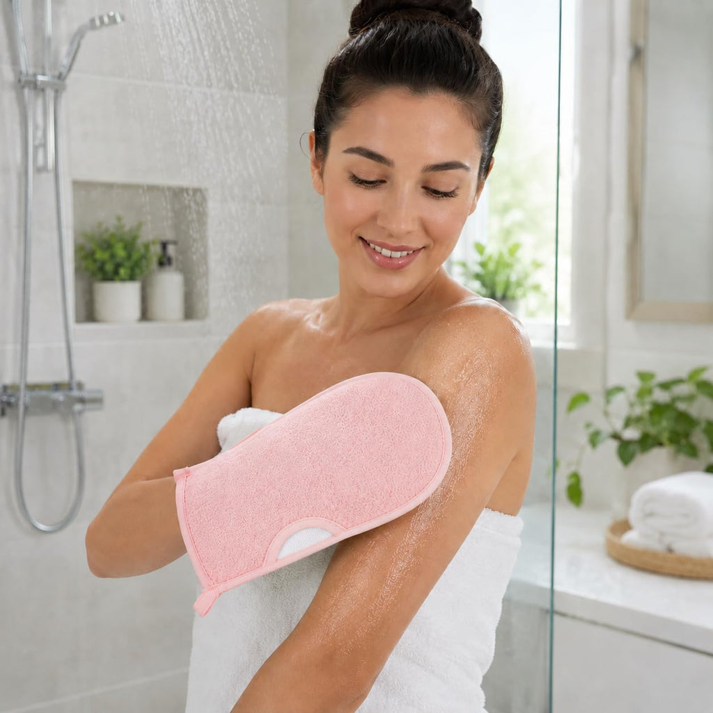 Exfoliating Glove, Body Loofah Shower Bath Mitt with Hanging Loop, Soft Quick-Dry Wash Cloth for Men and Women, B-618 (Pink) - image 7