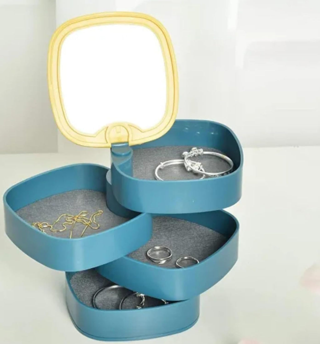 Jewelry Box Organizer, 4-Layer 360° Rotating Storage Case with Mirror and Dustproof Lid for Rings, Earrings, Bracelets and Necklaces, LD-688, Blue - image 1