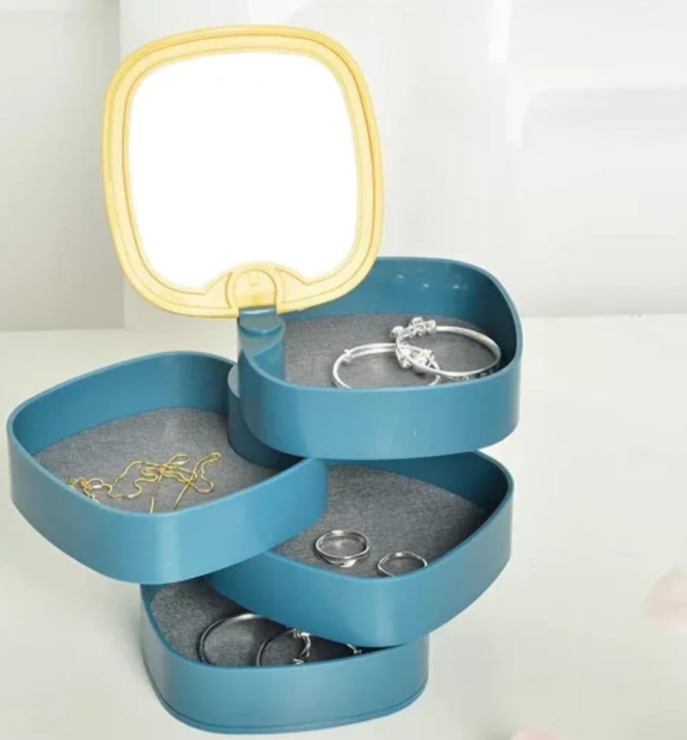 Jewelry Box Organizer, 4-Layer 360° Rotating Storage Case with Mirror and Dustproof Lid for Rings, Earrings, Bracelets and Necklaces, LD-688, Blue - image 1