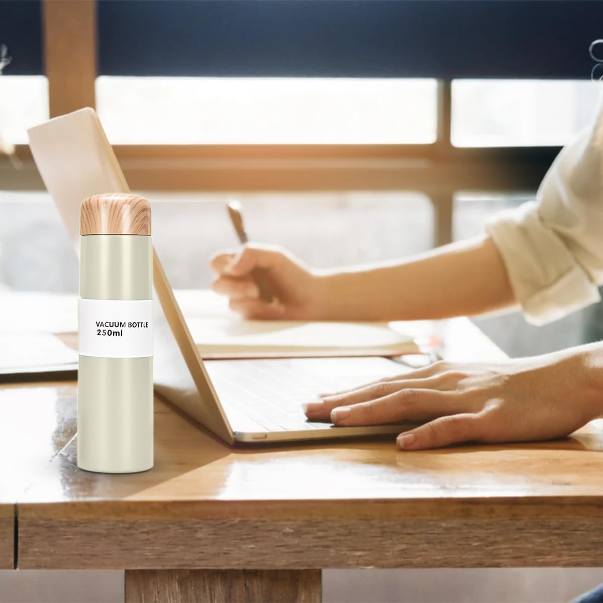 Water Bottle 250ml, Vacuum Insulated Stainless Steel Flask with Slim Pocket Design and Wood-Grain Finish, Leak-Resistant Travel Cup for Work, Commute and Outdoor Use (Creamy White) - image 6