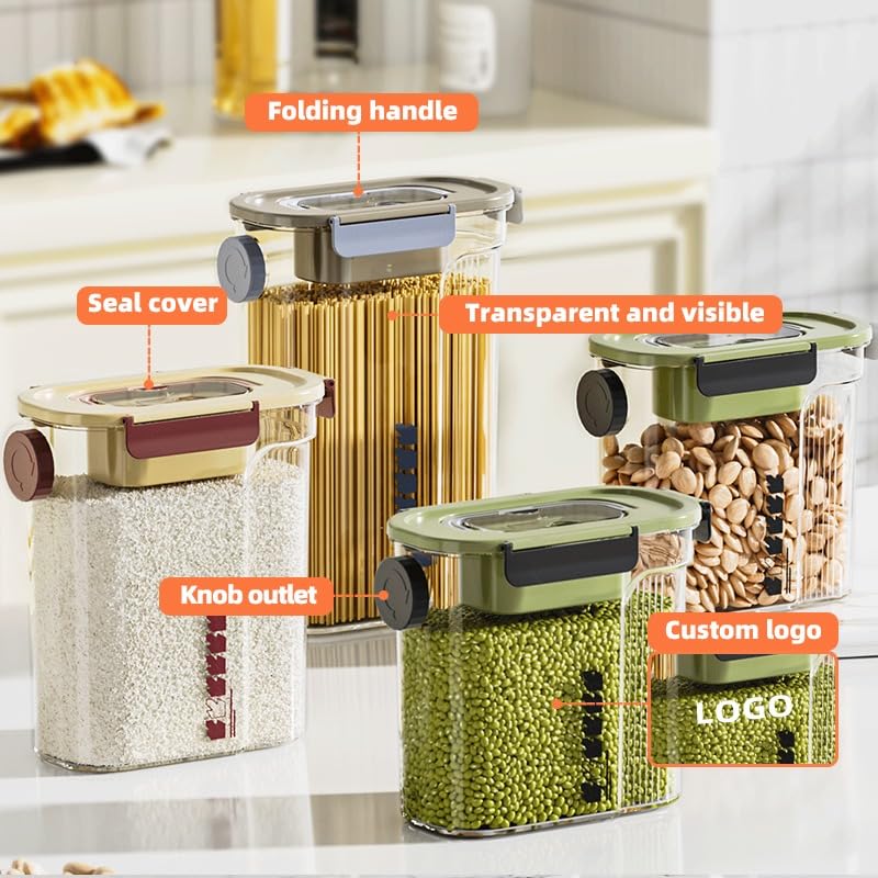 Food Storage Containers with Airtight Lids, Kitchen Storage Jars Set with 3 Rows of Clips, 2 Sealing Rings and Knob Cover, Grain Bottle for Cereal, Juice and Cold Water (Green, 4) - image 4