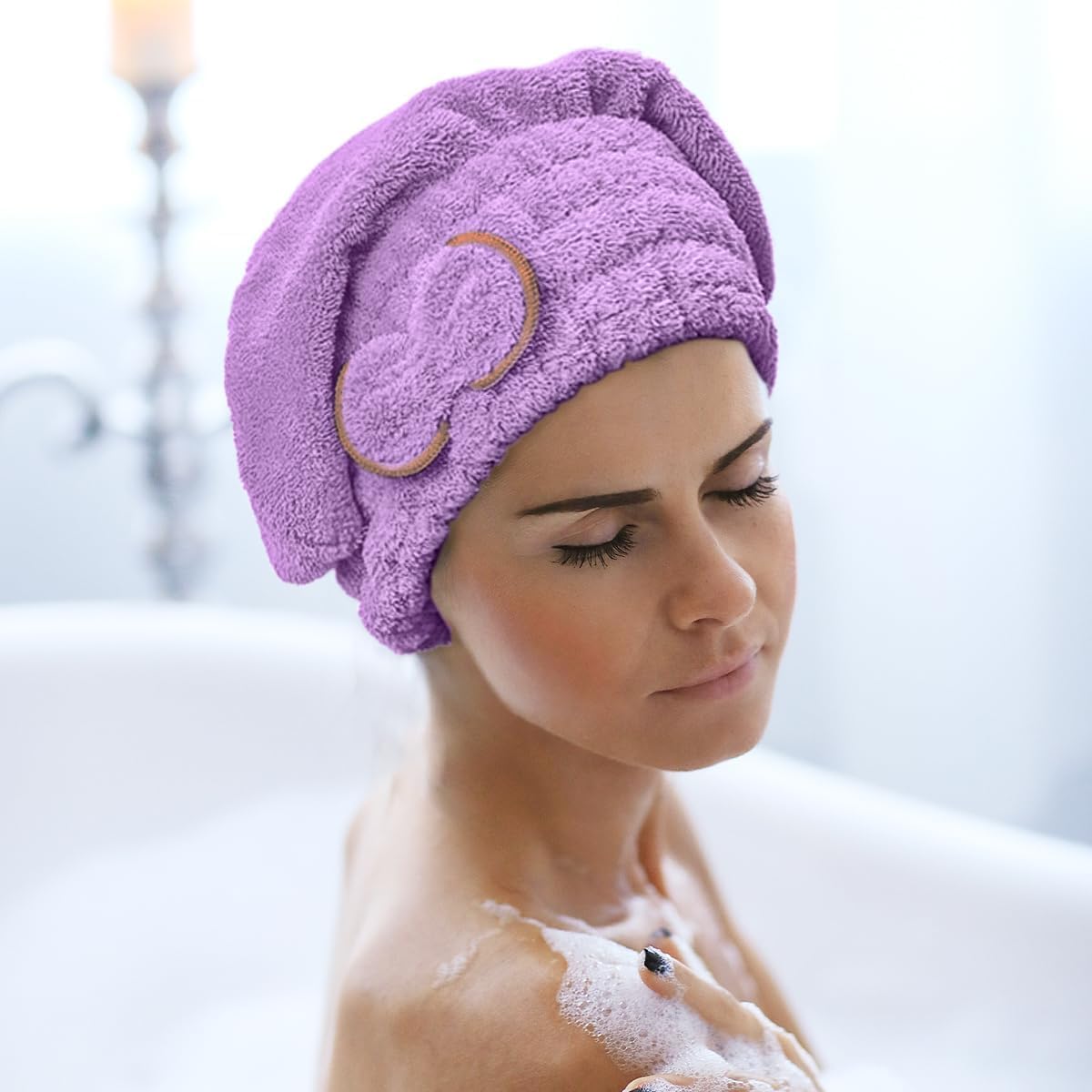 Microfiber Hair Towel Wrap, Quick-Dry Turban Cap for Wet, Curly and Long Hair, Soft Lightweight Absorbent Head Towel (Purple) - image 5