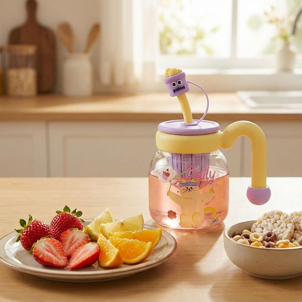 Glass Water Bottle with Straw & Handle, 860ml Strainer Cup, Leak-Proof Reusable Drink Bottle with Easy-Grip Lid for Juice Milk Tea, for Indoor and Outdoor Use, GG-2533 (yellow & purple) - image 7