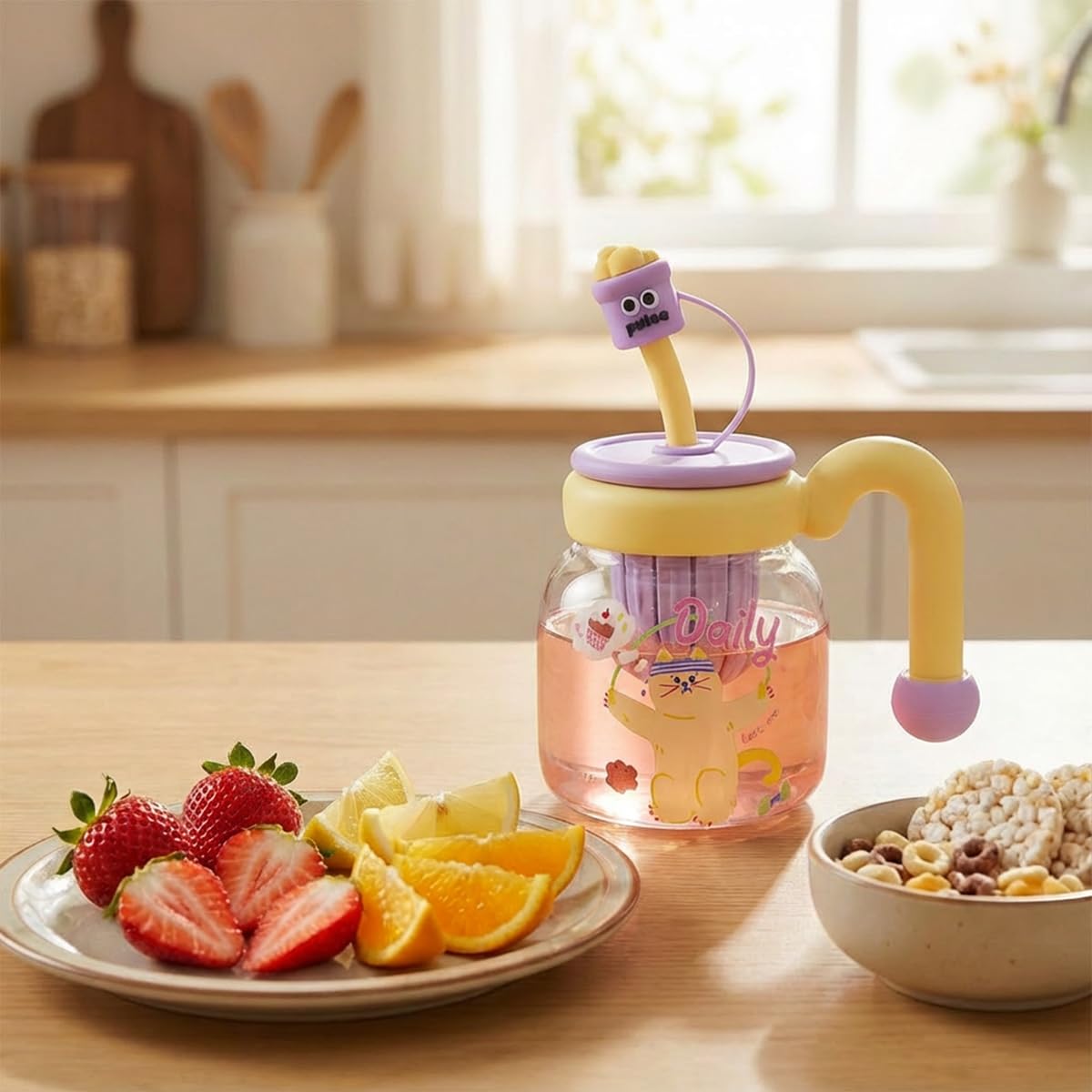 Water Bottle 860 ml, Glass Bottle with Straw, Carry Handle, Strainer and Leakproof BPA-Free Lid for Water, Juice, Milk and Tea, Indoor and Outdoor Use, GG-2533, Purple - image 7