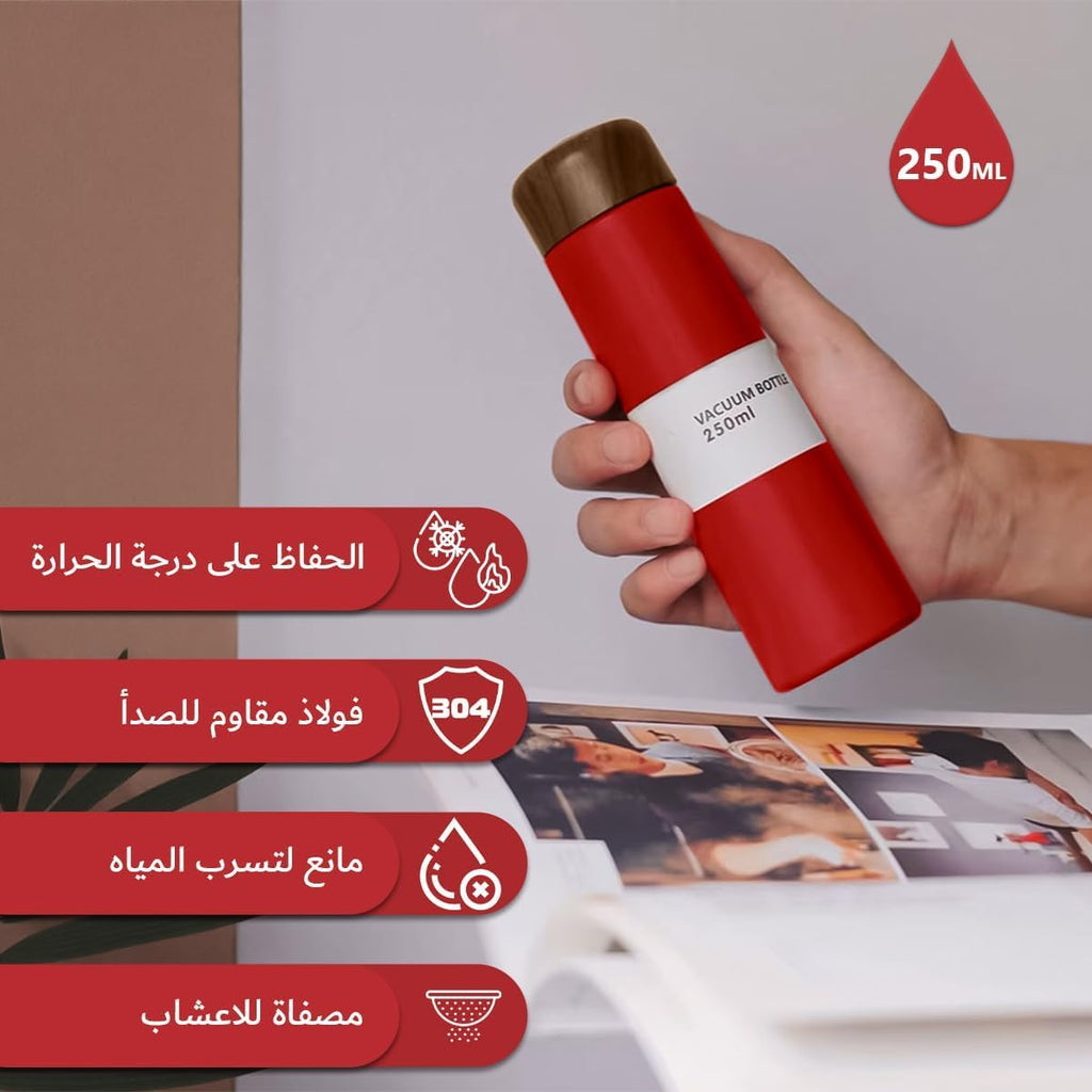 Water Bottle 250 ml, Vacuum Insulated Stainless Steel Mini Flask with Leakproof Lid, Slim Pocket Travel Mug for Coffee, Tea, Office and Outdoor Use (Dark Red) - image 2