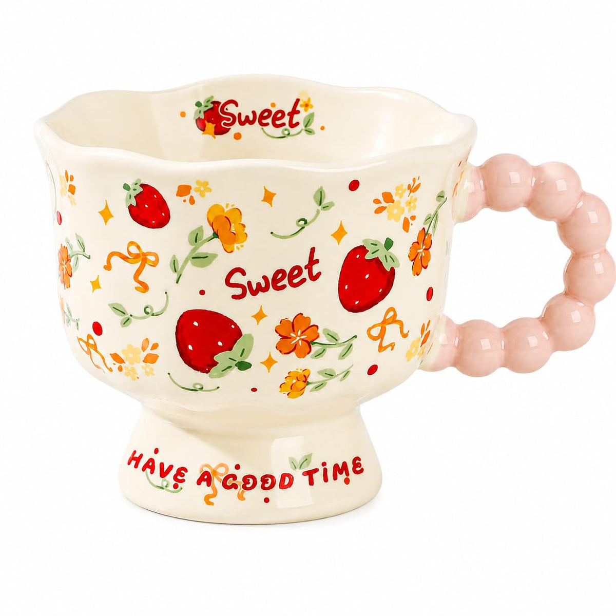 Ceramic Mug 340 ml for Coffee and Tea, Decorative Glazed Cup with Scalloped Rim, Beaded Handle and Stable Pedestal Base for Hot Drinks, TT-2533, Strawberry - image 1