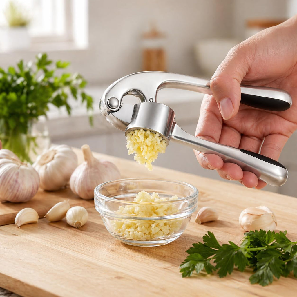 Garlic Press, Stainless Steel Manual Garlic Crusher and Mincer with Ergonomic Handle, Easy-Clean Kitchen Tool, XD-80, Silver - image 6