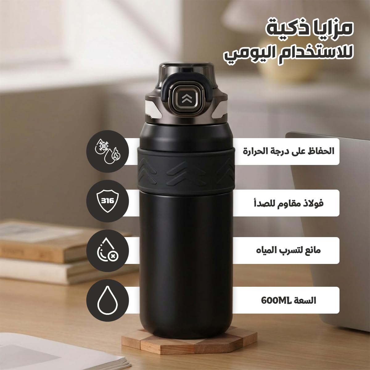 Water Bottle 600ml, Vacuum Insulated Stainless Steel Flask with Straw Lid, Carry Handle and Leakproof Double Wall Design for Hot and Cold Drinks, Gym, Travel and Office, F-1542, Black - image 2
