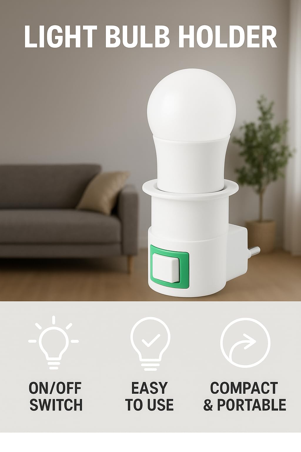 Lamp Holder Adapter, E27 Plug-In Light Socket with On/Off Switch, 3-Piece Bulb Holder Converter for Home, Bedroom, Garage and Workshop, White (3PCS) - image 3