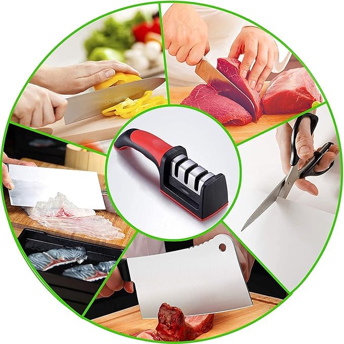 Knife Sharpener 3-in-1, Manual Stainless Steel Sharpening Tool for Kitchen Knives and Scissors with Non-Slip Base and Ergonomic Handle for Home Use, H-145 - image 4