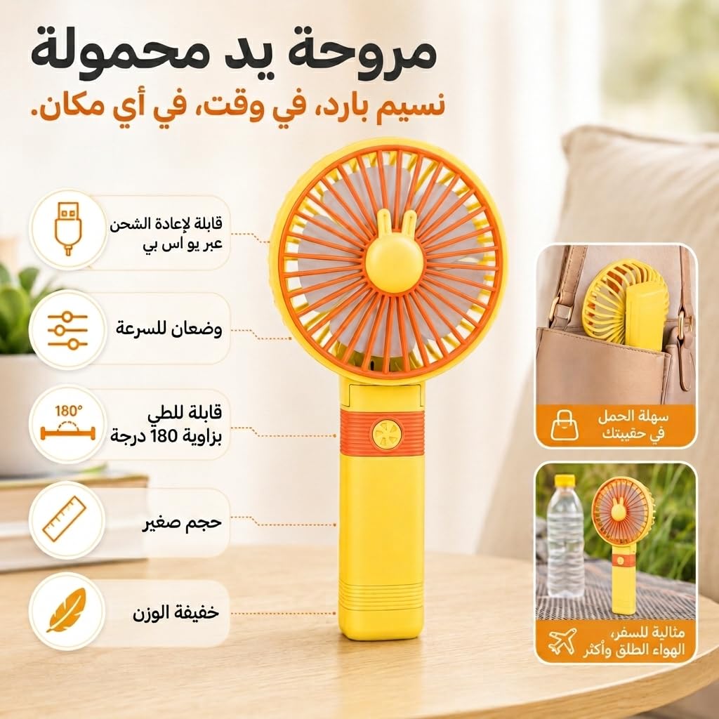 Portable Fan, USB Rechargeable Mini Handheld and Desktop Fan, 2 Speeds, 1.5W Foldable Personal Cooling Fan with Stand for Office, Home and Travel, SQ-2195 (Yellow) - image 2