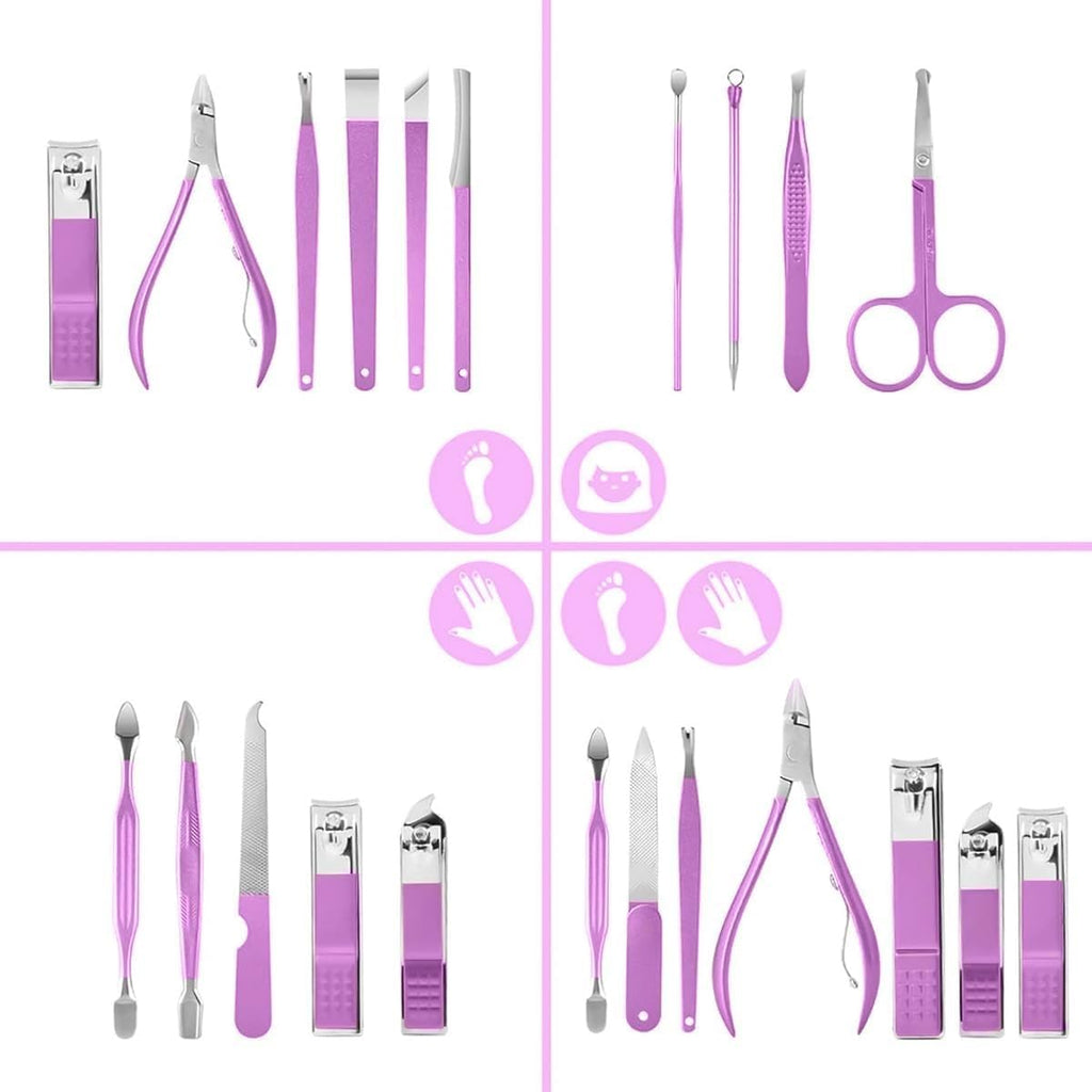 Manicure & Pedicure Set 16 Pcs, Stainless Steel Nail Clippers Kit for Men & Women, Grooming Tools with Toenail & Fingernail Cutter for Nails, Brows & Ears, Sturdy & Durable (Purple) - image 2