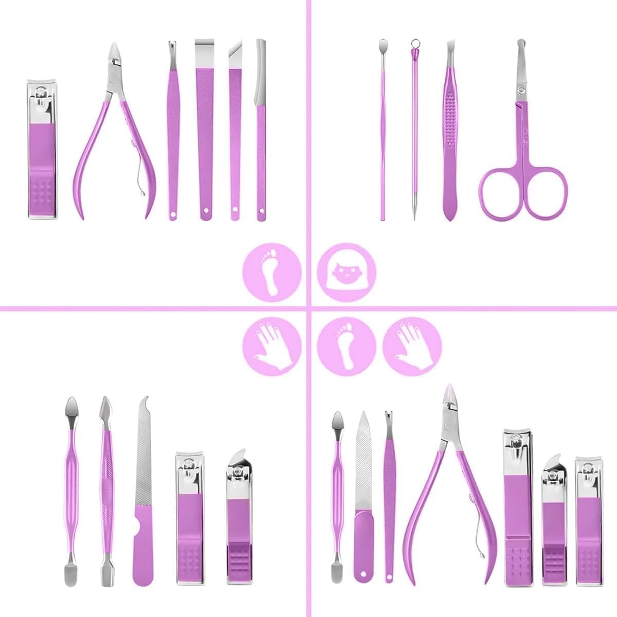 Manicure Set 16 Pieces, Stainless Steel Nail Clipper and Pedicure Kit for Fingernails, Toenails, Brows and Personal Grooming, Purple, for Men and Women (Purple) - image 2