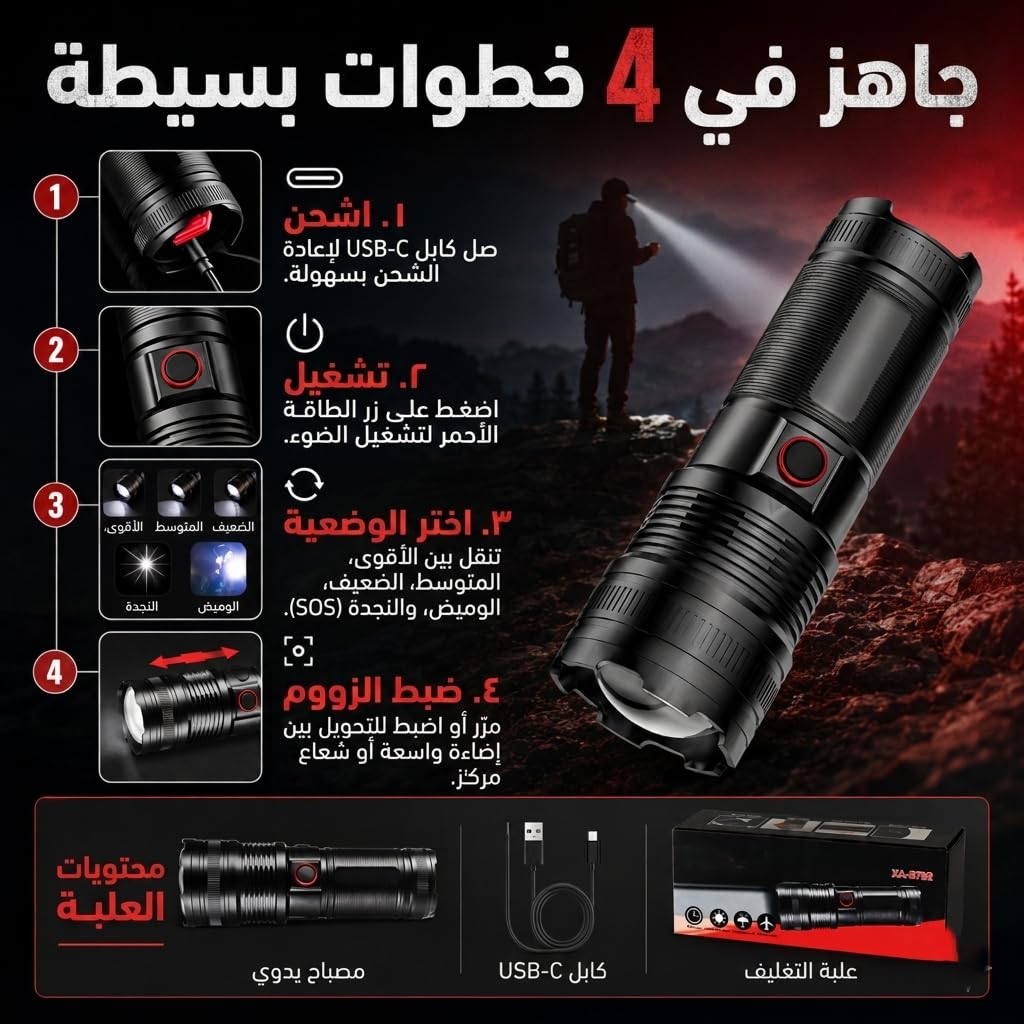 LED Flashlight Torch, Aluminum Alloy Handheld Light with 5 Modes, Telescopic Zoom and Water-Resistant Body for Camping, Hiking, Emergency, Home and Car, Black - image 5