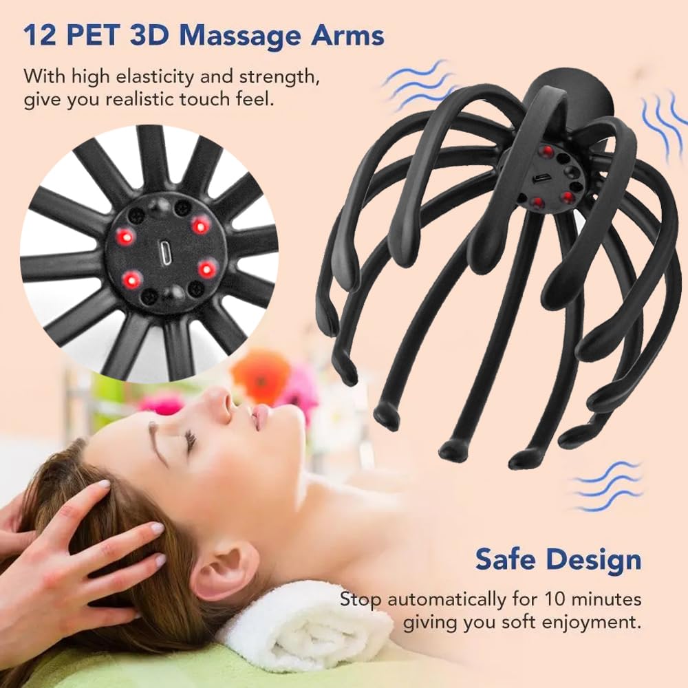 Head Scalp Massager Electric 3D Massage Arms 12 Claw Design 3 Vibration Modes Stress Relief USB Rechargeable Handheld Home Office Travel - image 2