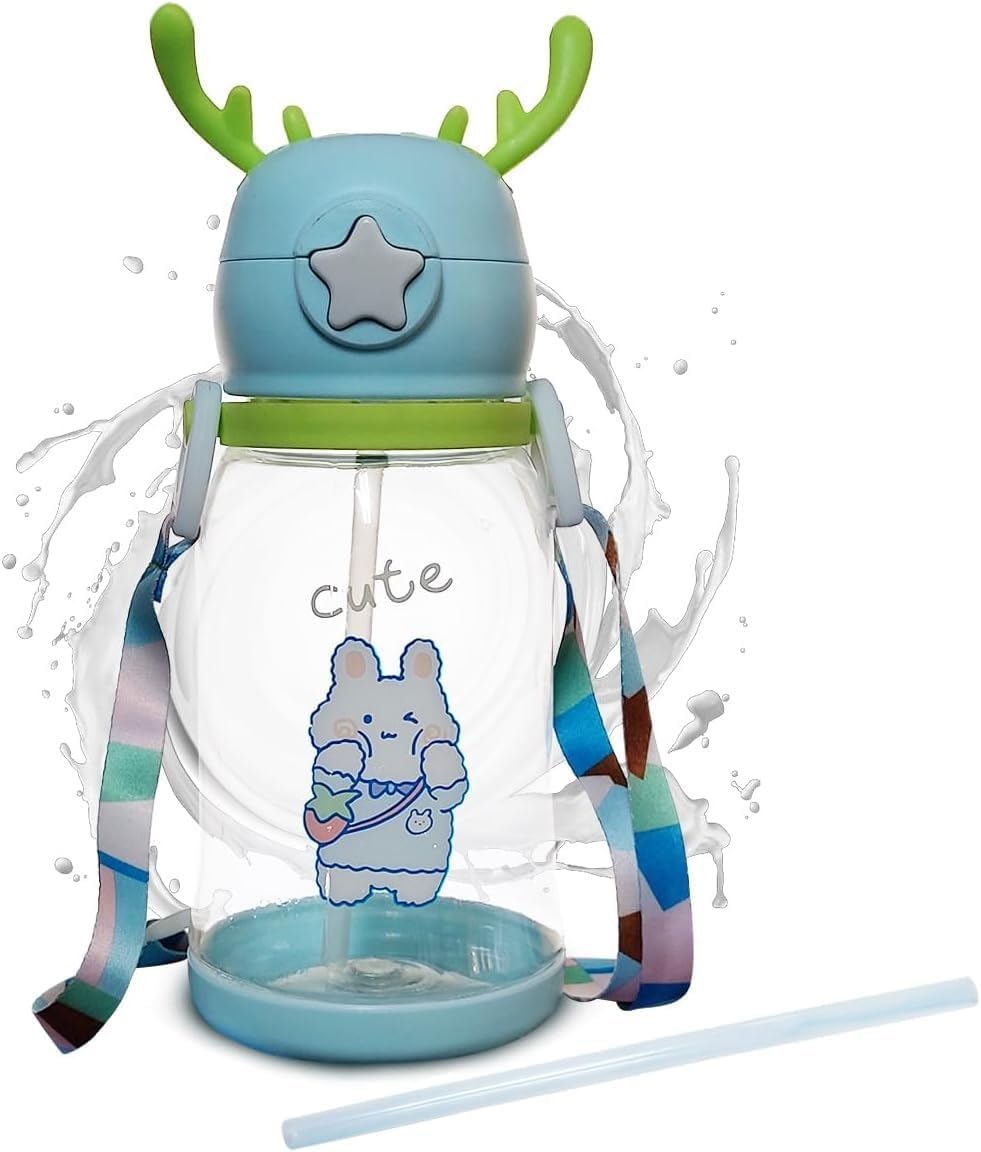 Water Bottle With Straw And Strap 600 ml Leak Proof Bpa Free Plastic Drinking Cup For School Sports Travel Durable Reusable Design (Blue) - image 1