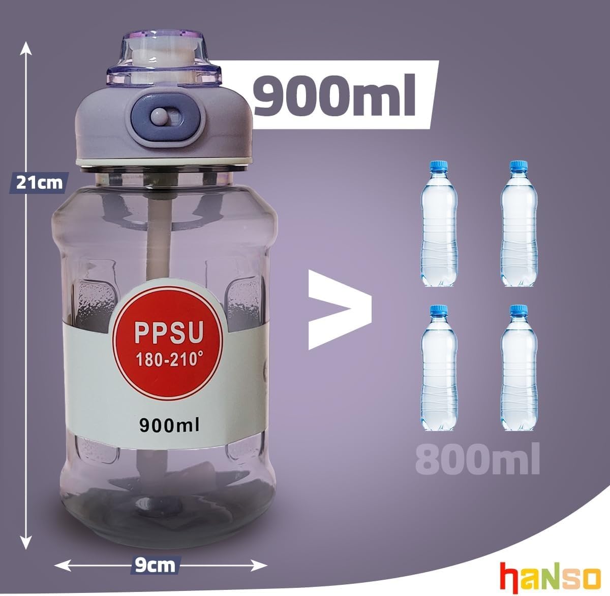 Sport Water Bottle with Straw & Handle 900ml - Leak-Proof, Portable & Durable Gym Fitness Bottle, BPA Free, Ideal for Gym, Travel, School & Home (Purple) - image 5