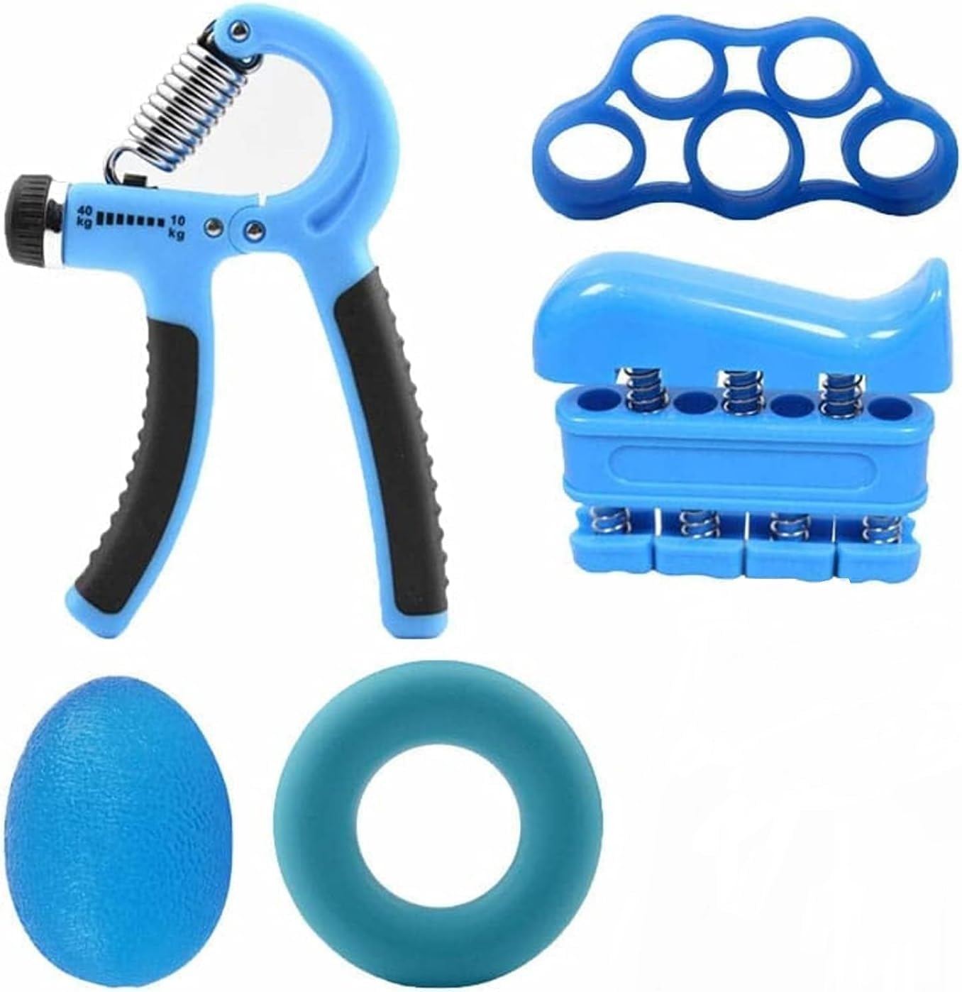 Hand Grip Strengthener Set, 5-Piece Adjustable Resistance Forearm and Finger Exerciser Kit with Hand Gripper, Finger Stretcher, Grip Ring and Squeeze Ball (Blue) - image 1