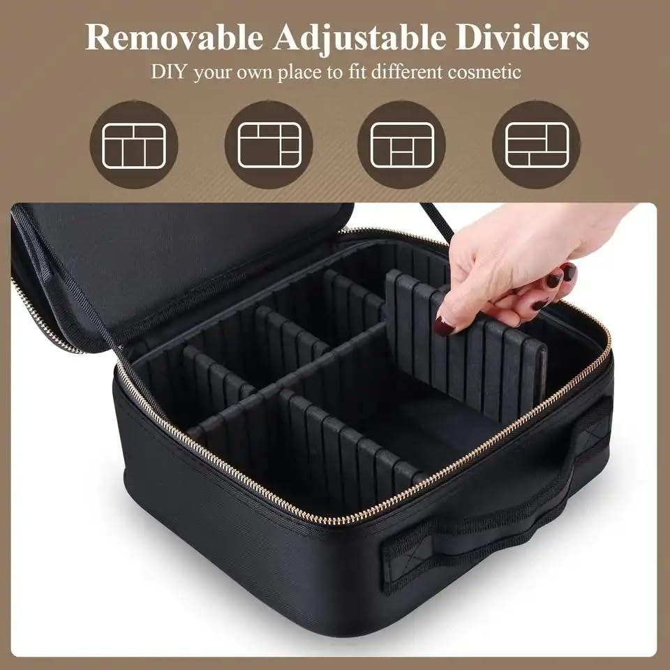 Makeup bag organizer Travel Makeup Case with LED Mirror, Travel Cosmetic Case with 3 Light Modes, Adjustable Dividers, Waterproof Organizer Box with Brush Slots for Women and Girls, X-595 (Black) - image 2