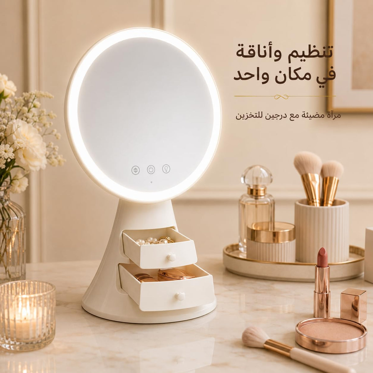 Makeup Mirror with Lights and Organizer, LED Vanity Mirror with Touch Control, 3 Light Modes, Adjustable Angle and Cosmetic Storage for Dressing Table, X-611, White - image 7