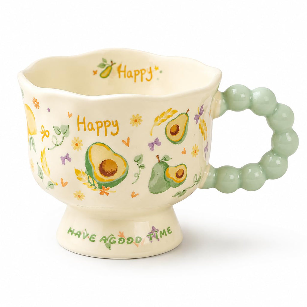 Ceramic Mug 340 ml for Coffee and Tea, Decorative Glazed Cup with Scalloped Rim, Beaded Handle and Stable Pedestal Base for Hot Drinks, TT-2533, Avocado - image 1