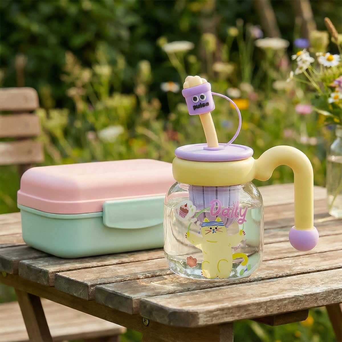 Water Bottle 860 ml, Glass Bottle with Straw, Carry Handle, Strainer and Leakproof BPA-Free Lid for Water, Juice, Milk and Tea, Indoor and Outdoor Use, GG-2533, Purple - image 6