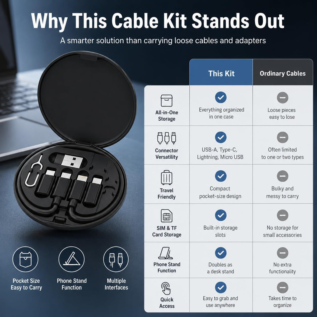 Multi Charging Cable Set, 60W Fast Charging Cable Organizer Box with USB-A, Type-C, Micro USB and Lightning-Compatible Adapters for Phone, Tablet, Laptop, Power Bank and Travel - image 4