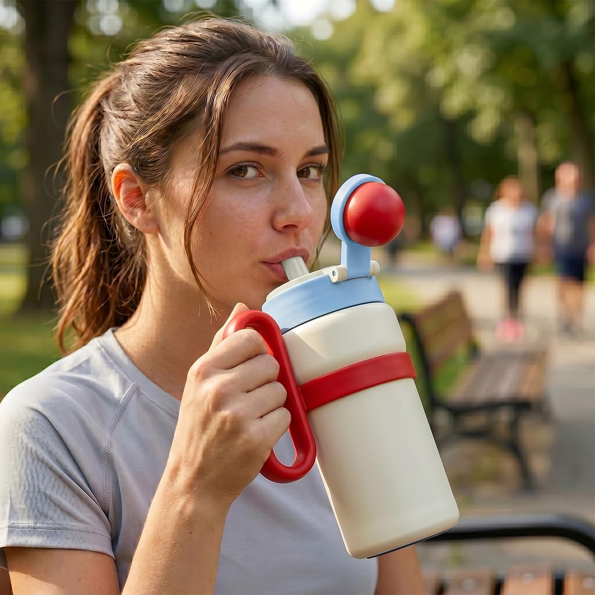 Travel Mug 900 ml, Vacuum Insulated Stainless Steel Tumbler with Handle and Straw Lid, Leakproof Reusable Cup for Hot and Cold Drinks, Office, Car, Gym and Travel, F-1544, White - image 7