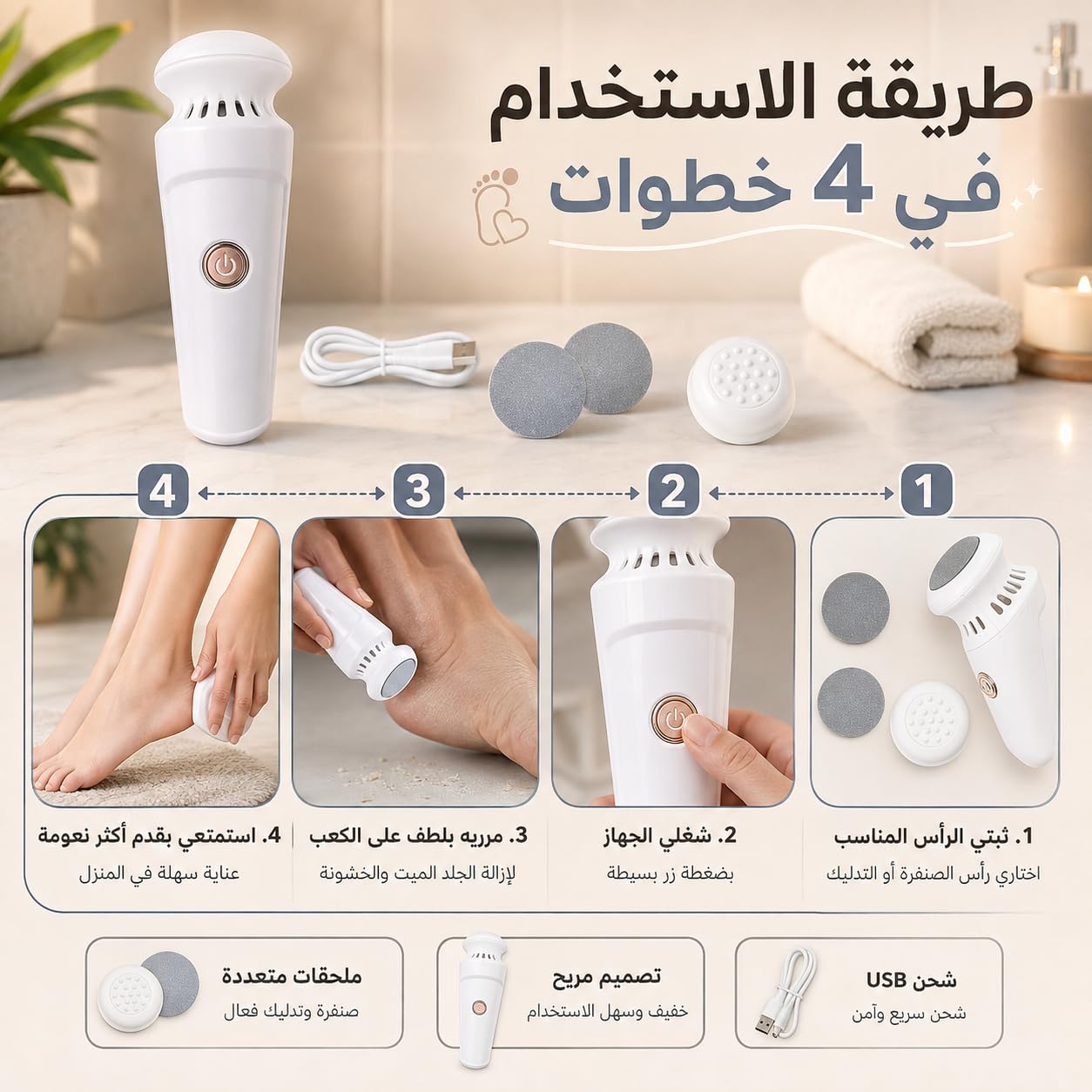 Electric Foot File, Rechargeable Callus Remover with Removable Roller Head, Compact Pedicure Tool for Dry Rough Heels and Hard Skin, White - image 5