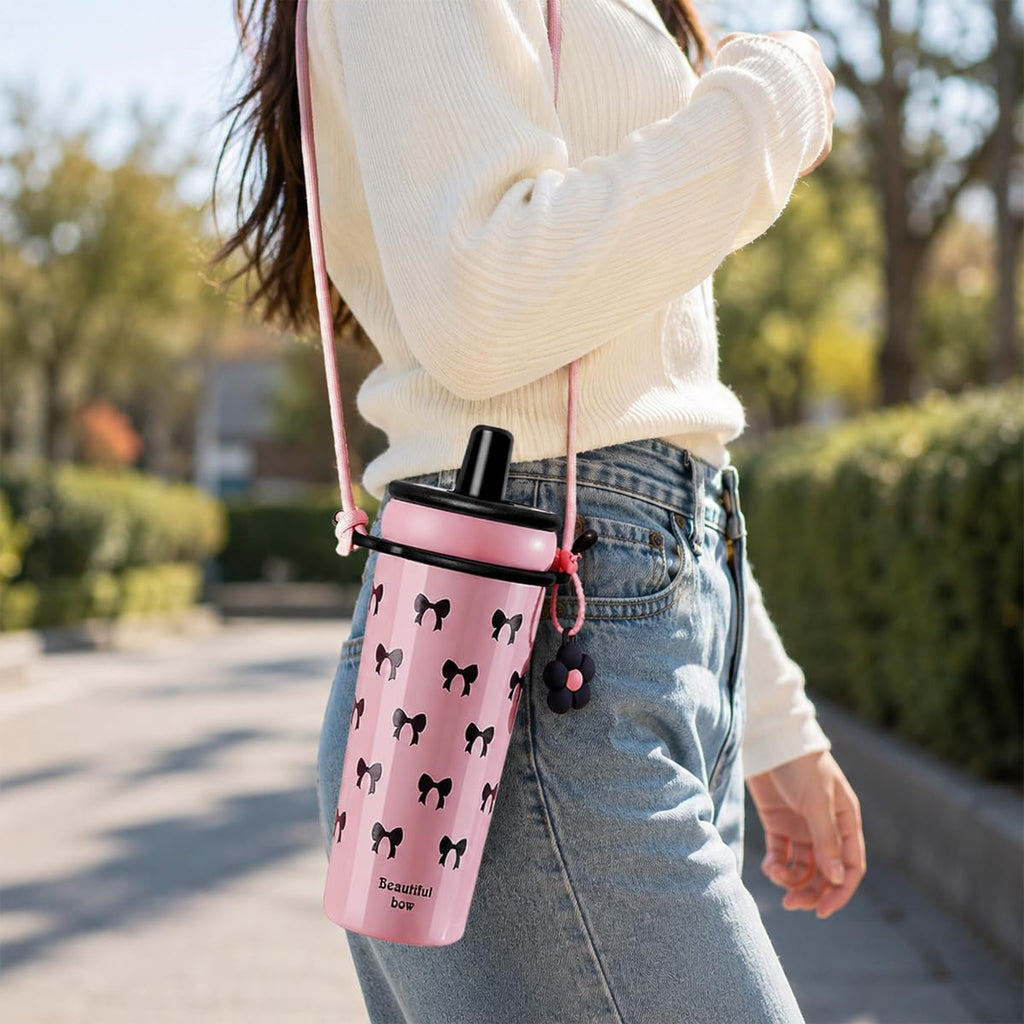 Travel Mug 720ml, Stainless Steel Vacuum Insulated Tumbler with Straw Lid, Carry Handle, Adjustable Shoulder Strap, Removable Filter and Leakproof BPA-Free Design, F-1547 (Pink) - image 6