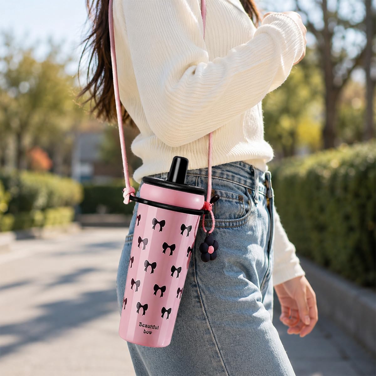 Travel Mug 720ml, Stainless Steel Vacuum Insulated Tumbler with Straw Lid, Carry Handle, Adjustable Shoulder Strap, Removable Filter and Leakproof BPA-Free Design, F-1547 (Pink) - image 6