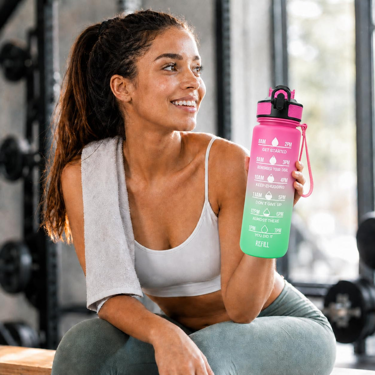 Water Bottle 1L with Time Markings and Carry Handle, Leak-Resistant Reusable Sports Drinking Bottle for Gym, Fitness, Work, School, Travel and Outdoor Use, FL-1, Pink & Green - image 6