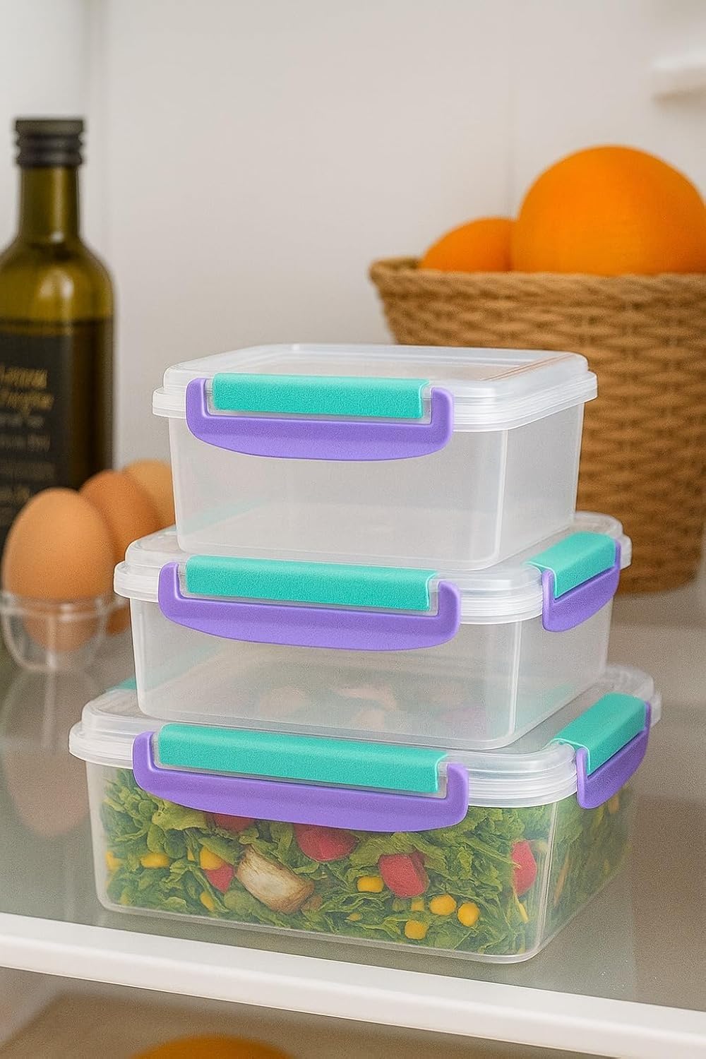 Food Storage Containers Set 3 Pcs, Triangle Refrigerator Crisper Boxes with Airtight Lids, Microwave and Dishwasher Safe, Food-Grade Plastic for Fruit and Vegetables (Purple) - image 5