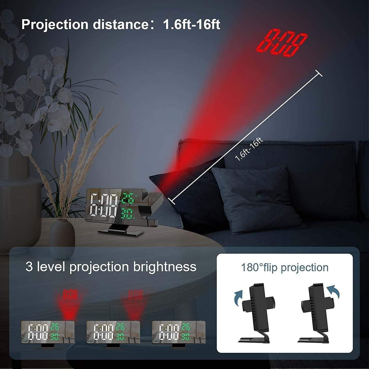 Digital Alarm Clock with LED Mirror Projection, Large Time, Temperature and Date Display, 3-Level Brightness, Snooze, USB Powered Bedside Desk Clock for Bedroom and Office, Red - image 4