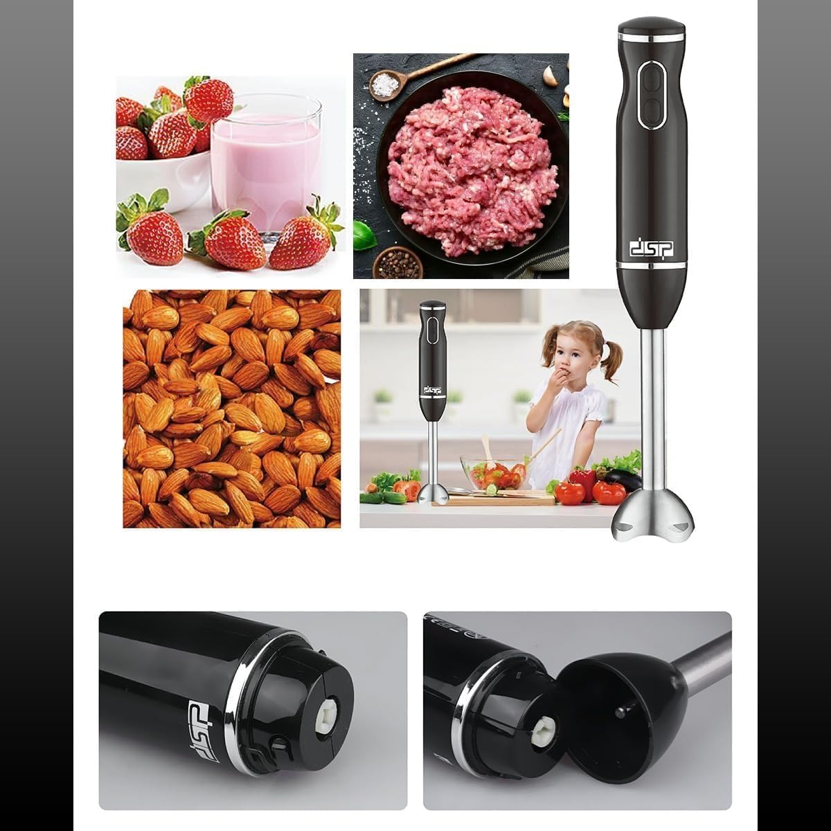Hand Blender 300W, Immersion Stick Blender with Full Copper Motor, 2 Speeds and Detachable Stainless Steel Shaft for Soup, Smoothies, Sauces and Puree, Black, KM1021 - image 7