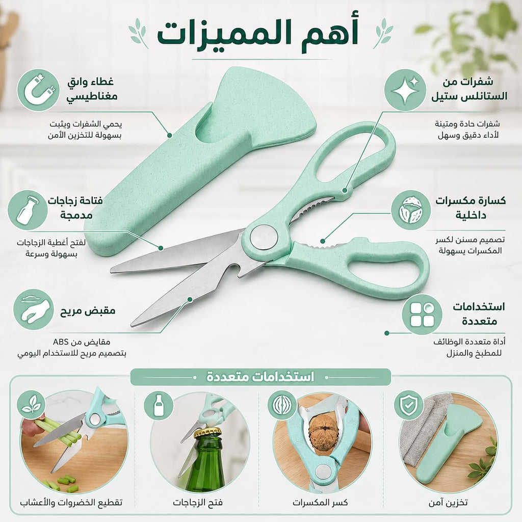 Kitchen Scissors, Stainless Steel Multipurpose Shears with Magnetic Protective Cover, Nutcracker and Bottle Opener, Ergonomic ABS Handles, S-233 (Green) - image 2
