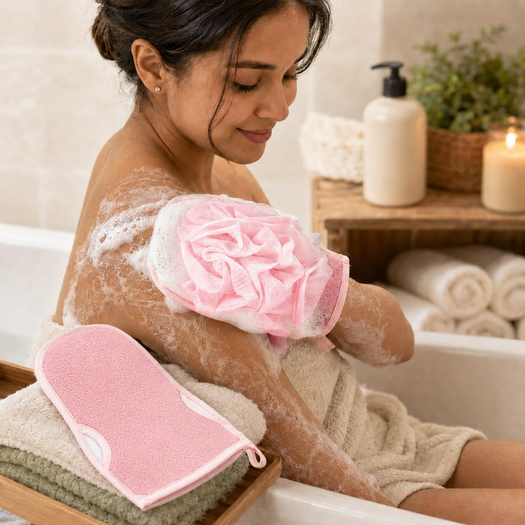 Exfoliating Glove, Body Loofah Shower Bath Mitt with Hanging Loop, Soft Quick-Dry Wash Cloth for Men and Women, B-618 (Pink) - image 6