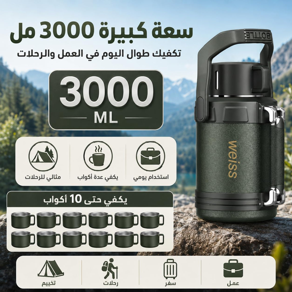 Water Bottle 3L, 316 Stainless Steel Vacuum Insulated Large Flask with Leakproof Lid, 24-Hour Cold Retention for Hot and Cold Drinks, Camping, Office and Home, F-1523, Army Green - image 3