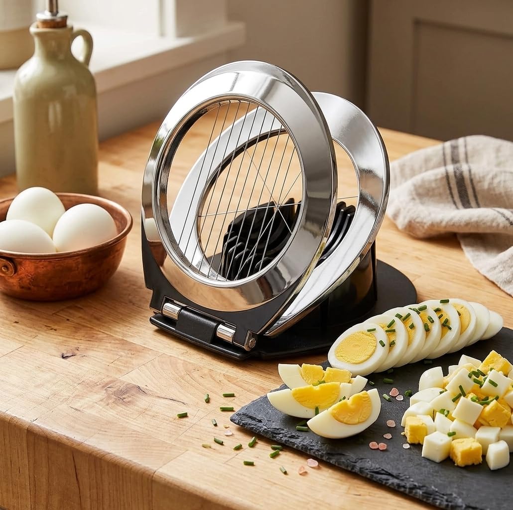 Egg Slicer 2 in 1, Stainless Steel Wire Egg Cutter for Hard-Boiled Eggs, Mushrooms and Soft Fruits, Slice and Wedge Kitchen Tool, 9 x 9 x 11 cm, XE-207 - image 1