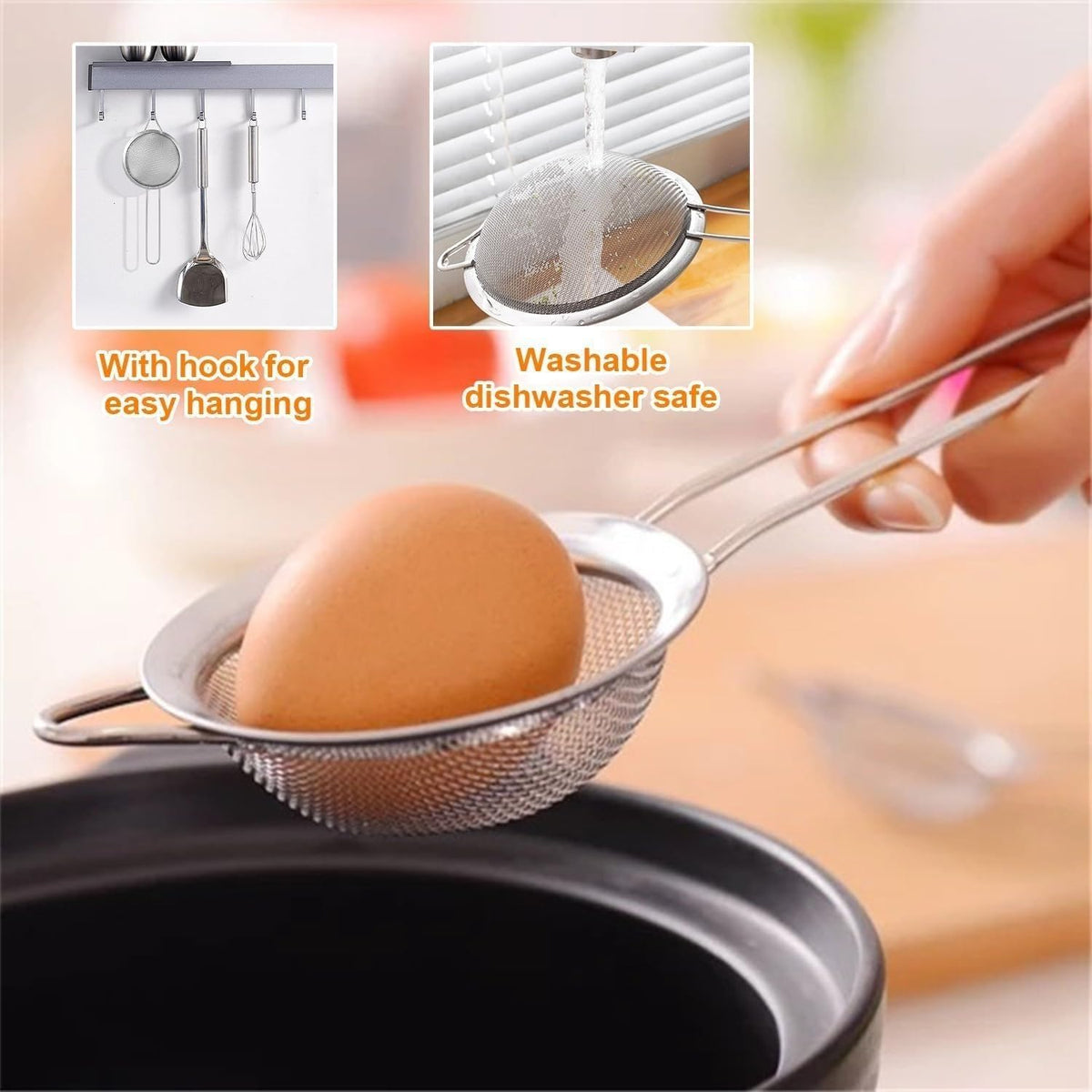 Fine Mesh Strainer Set, 3-Piece Stainless Steel Kitchen Sieves with Long Handles and Hanging Hooks for Tea, Juice, Flour, Baking and Food Straining, Silver - image 2