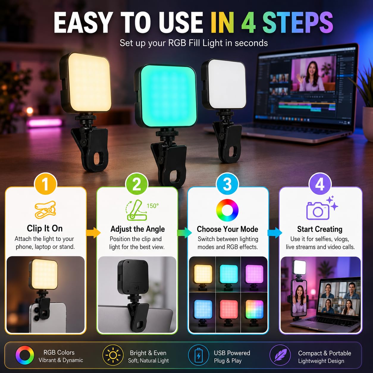 RGB Selfie Light with Clip, Portable LED Fill Light for Phone, Laptop and Tablet, 3 Modes, 13 Effects for Video Calls, Selfies, Vlogging and Live Streaming, AY-83 - image 5