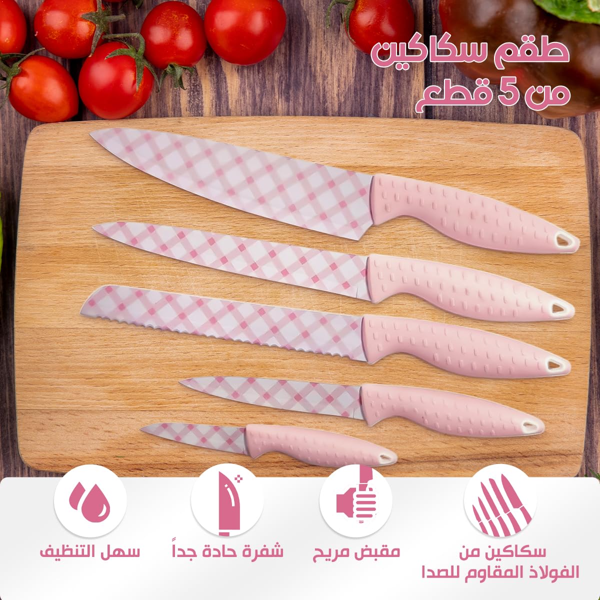 Kitchen Knife Set 5 Piece, Stainless Steel Cooking Knives with Ergonomic Handles for Slicing, Chopping, Cutting, Peeling and Everyday Food Preparation (Pink) - image 2